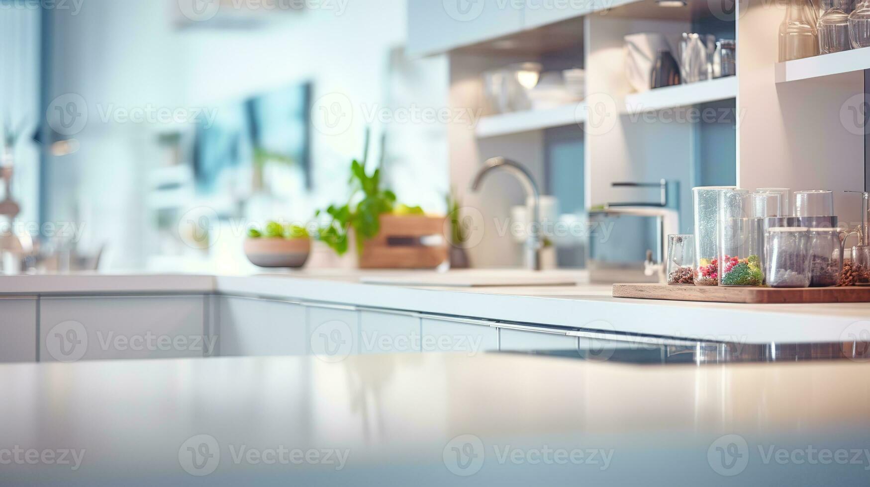 borroso moderno cocina vista. escandinavo cocina, minimalista diseño blanco acentos ideal para producto monitor o diseño diseños generativo ai foto