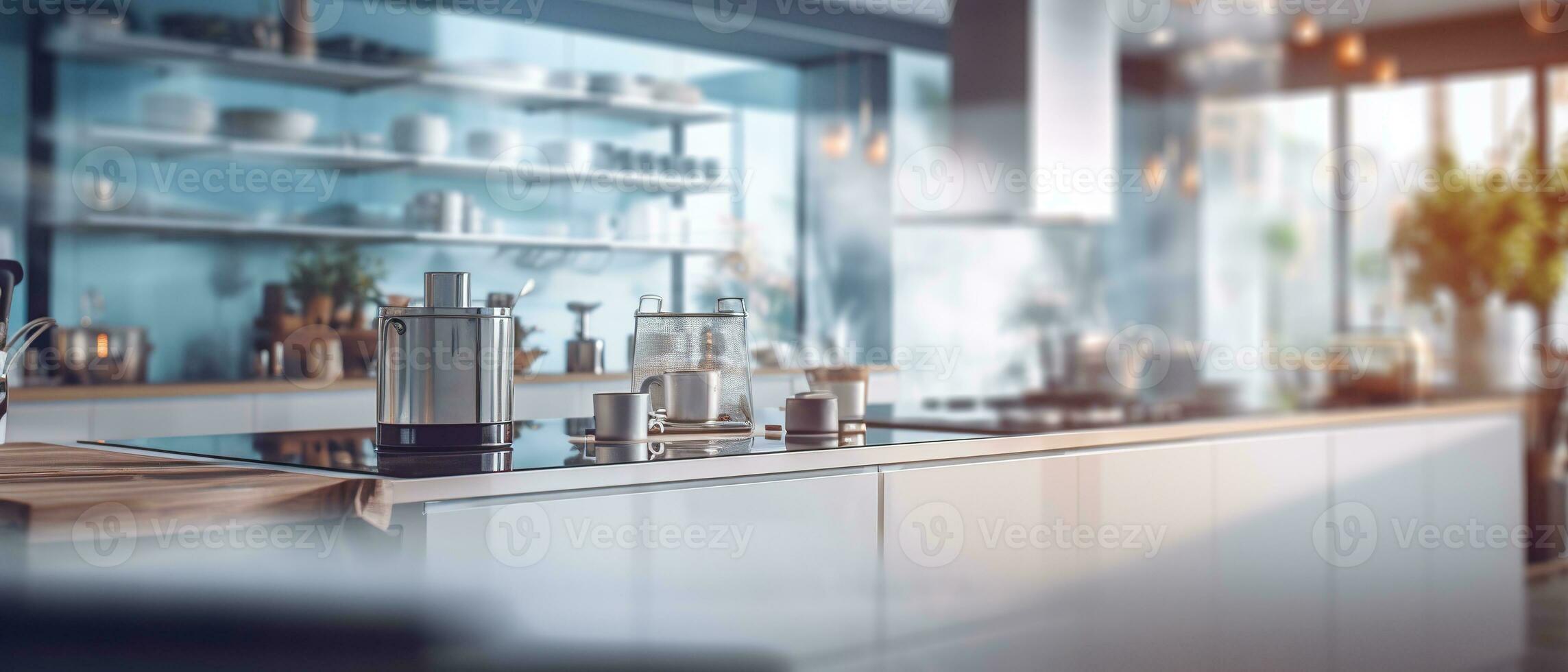 Blurred modern kitchen view. Scandinavian kitchen, minimalist design white accents. Ideal for product display or design layouts. Generative AI photo