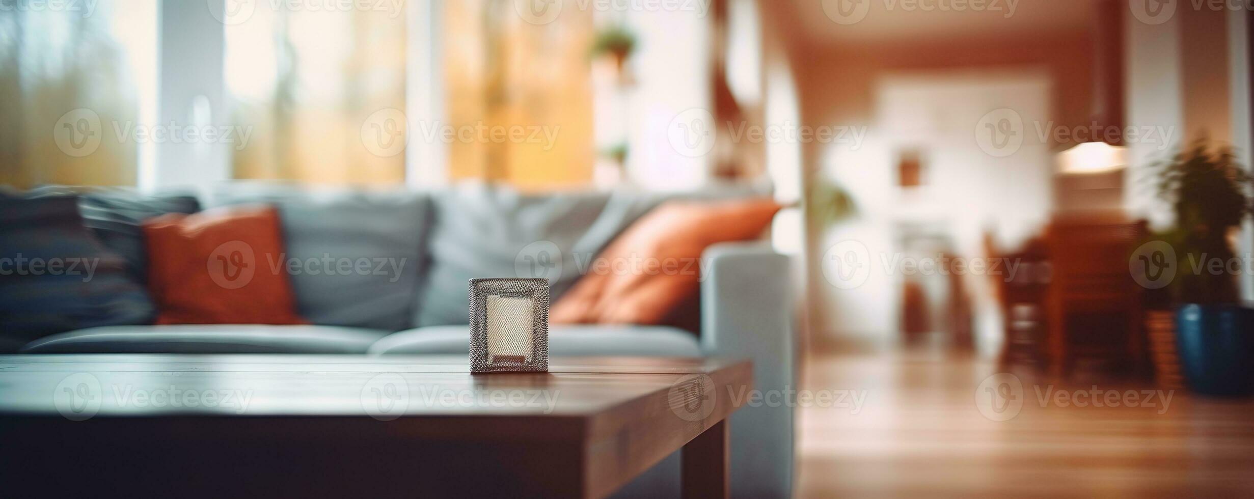 Blurred modern living room interior with stylish sofa and wooden lamp for captivating backgrounds. Generative AI photo