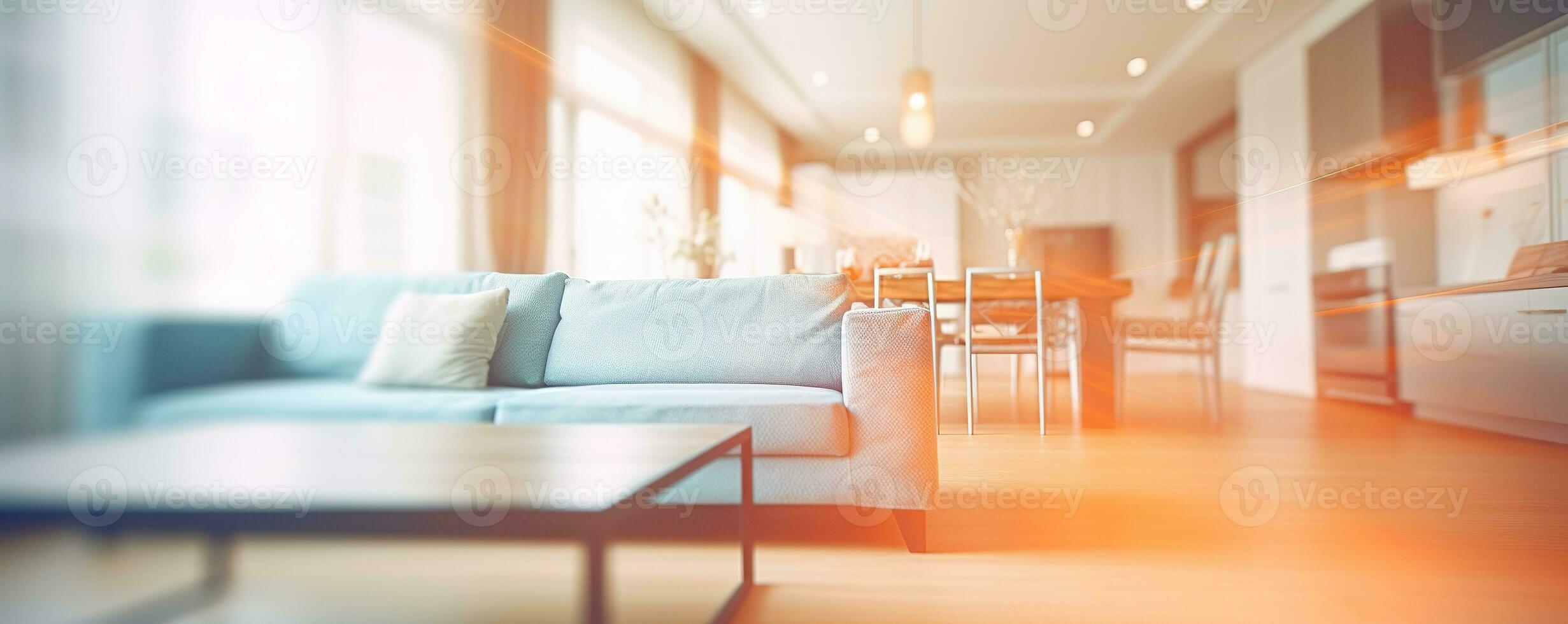 Blurred modern living room interior with stylish sofa and wooden lamp for captivating backgrounds. Generative AI photo