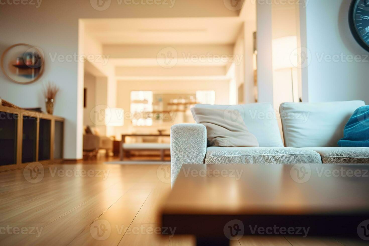 Blurred modern living room interior with stylish sofa and wooden lamp for captivating backgrounds. Generative AI photo