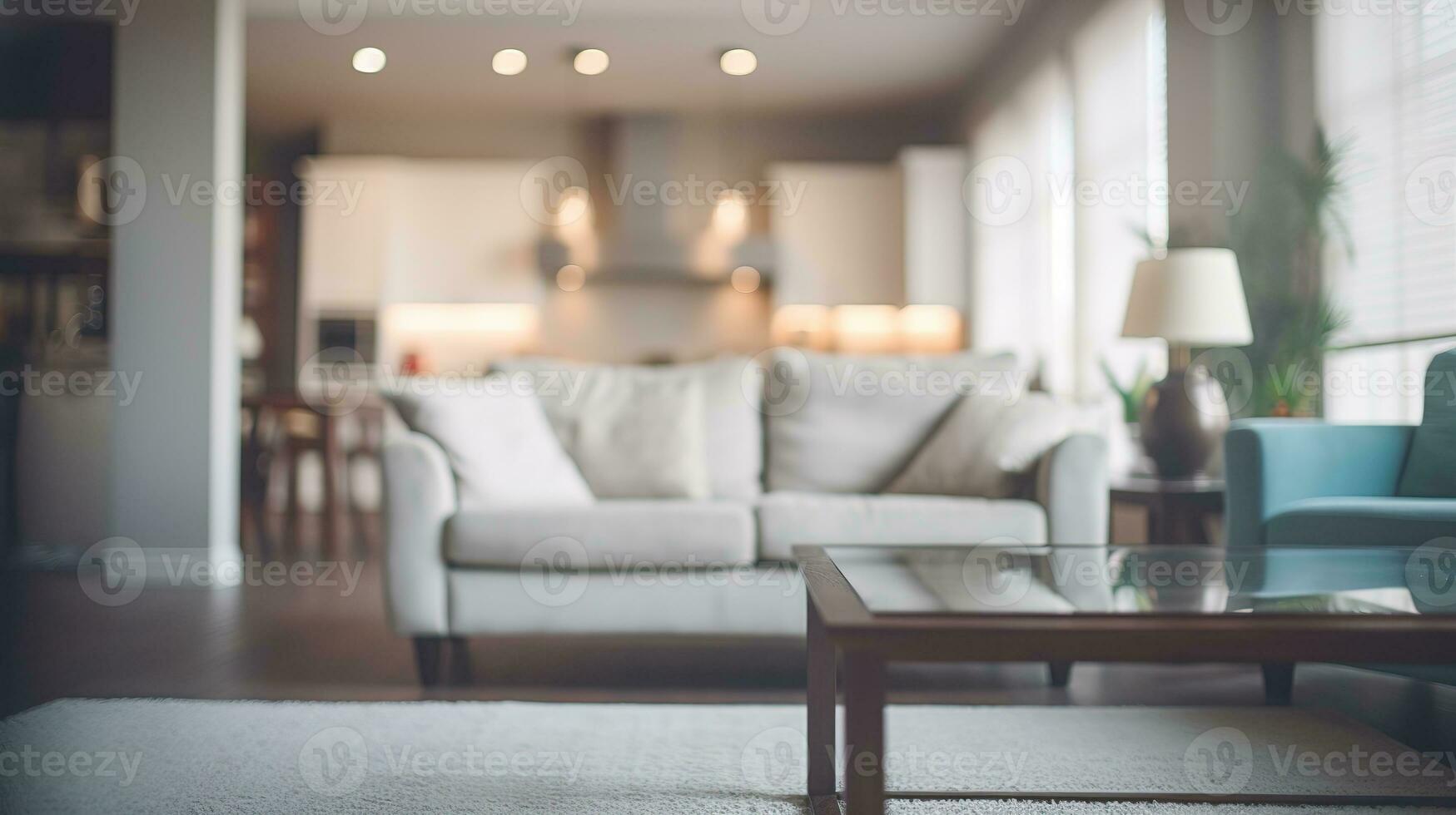 Blurred modern living room interior with stylish sofa and wooden lamp for captivating backgrounds. Generative AI photo