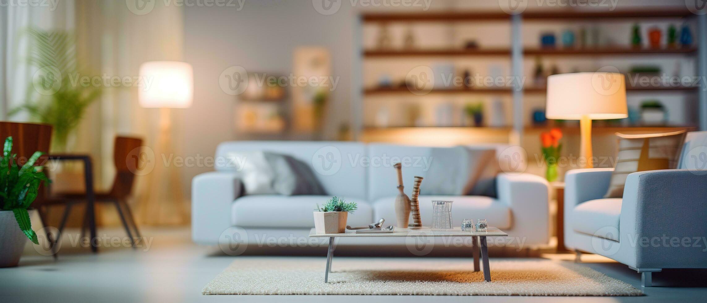 Blurred modern living room interior with stylish sofa and wooden lamp for captivating backgrounds. Generative AI photo