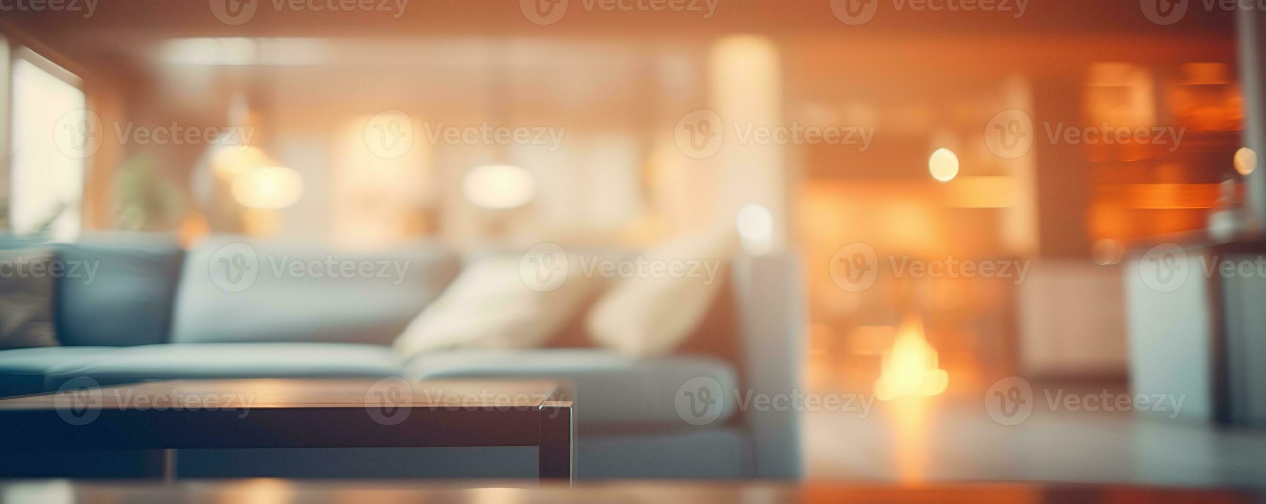 Blurred modern living room interior with stylish sofa and wooden lamp for captivating backgrounds. Generative AI photo