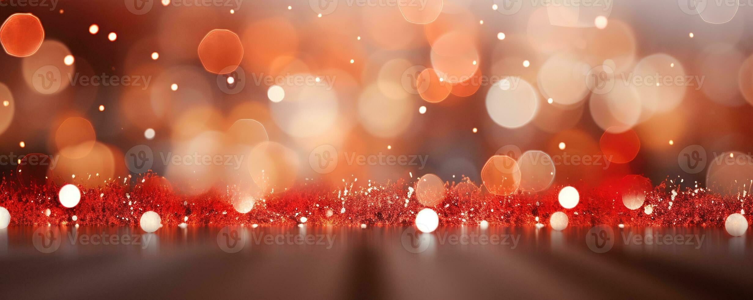 Groups of Christmas presents and balls against the backdrop of a festive Christmas tree with colored festive lights. Generative AI photo