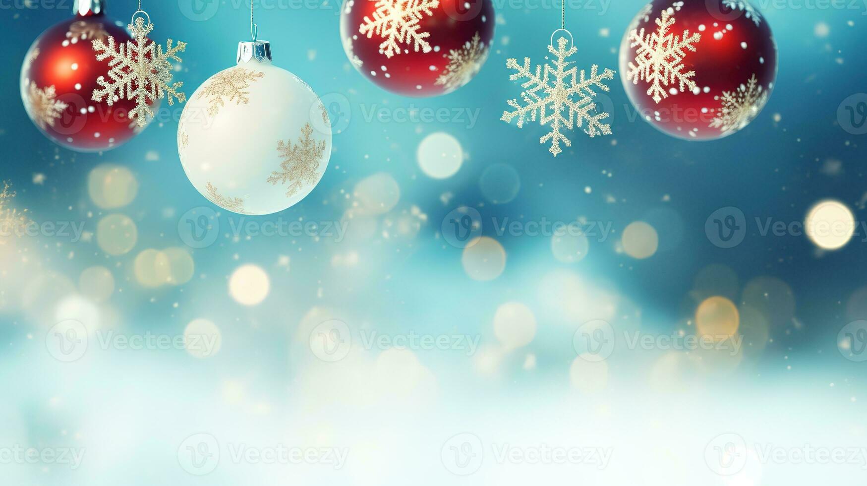 Festive Christmas scene with decor in snow over blurred bokeh background and copy space for your xmas greetings. Generative AI photo