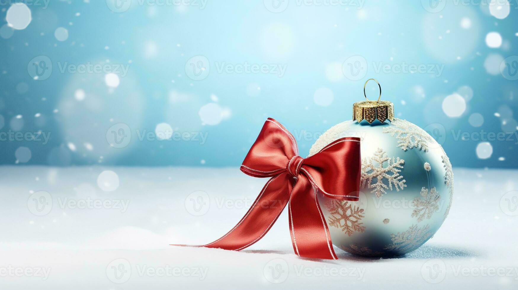 Festive Christmas scene with decor in snow over blurred bokeh background and copy space for your xmas greetings. Generative AI photo