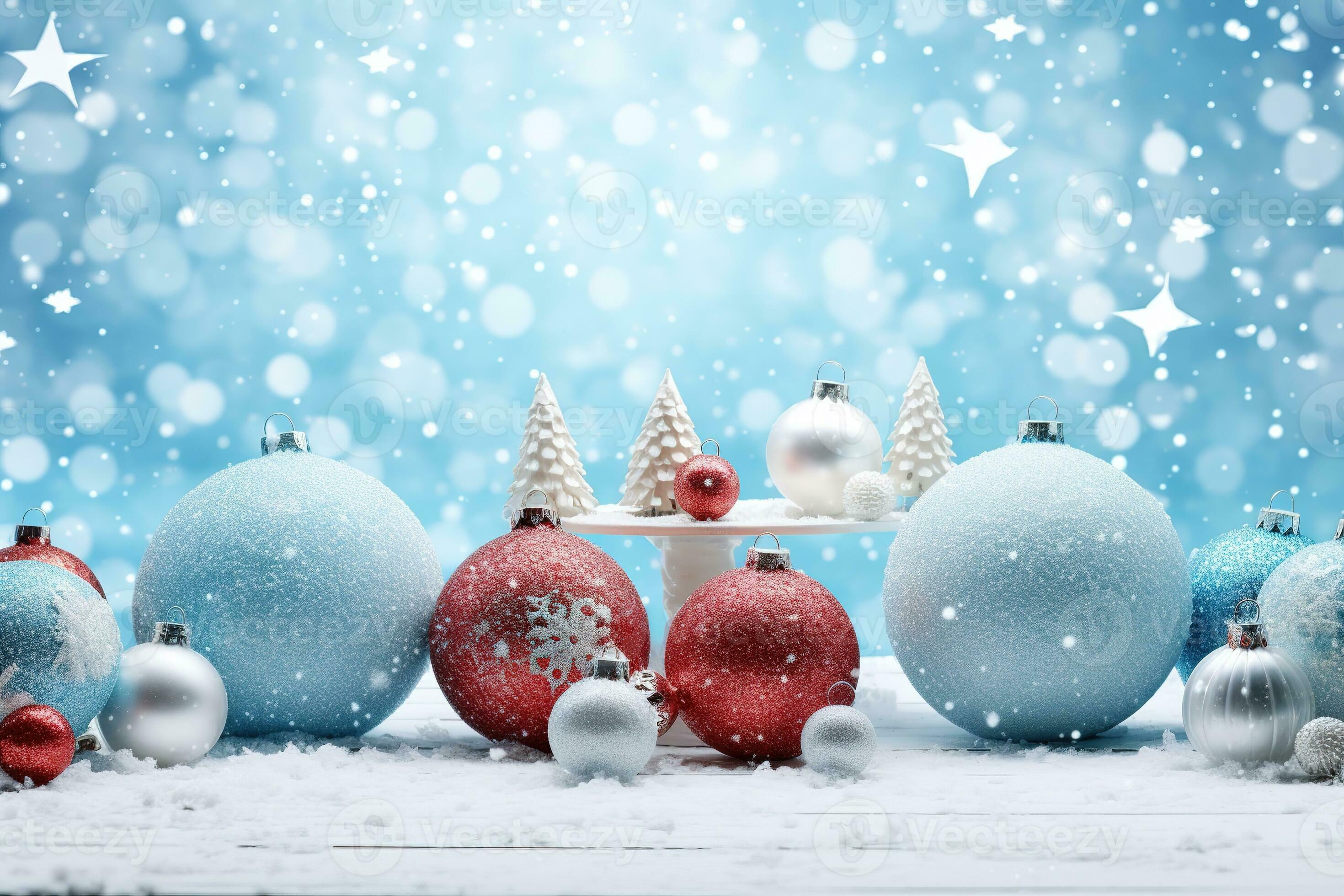 Festive Christmas scene with decor in snow over blurred bokeh background and copy space for your 