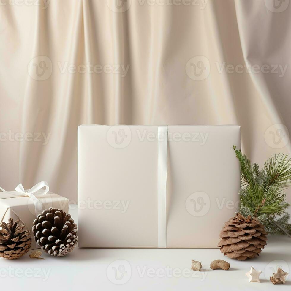 Christmas card mockup with gift box, fir branches, and cozy background. Minimalist style in white and beige. Generative AI photo