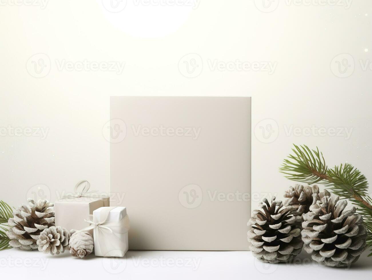 Christmas card mockup with gift box, fir branches, and cozy background. Minimalist style in white and beige. Generative AI photo