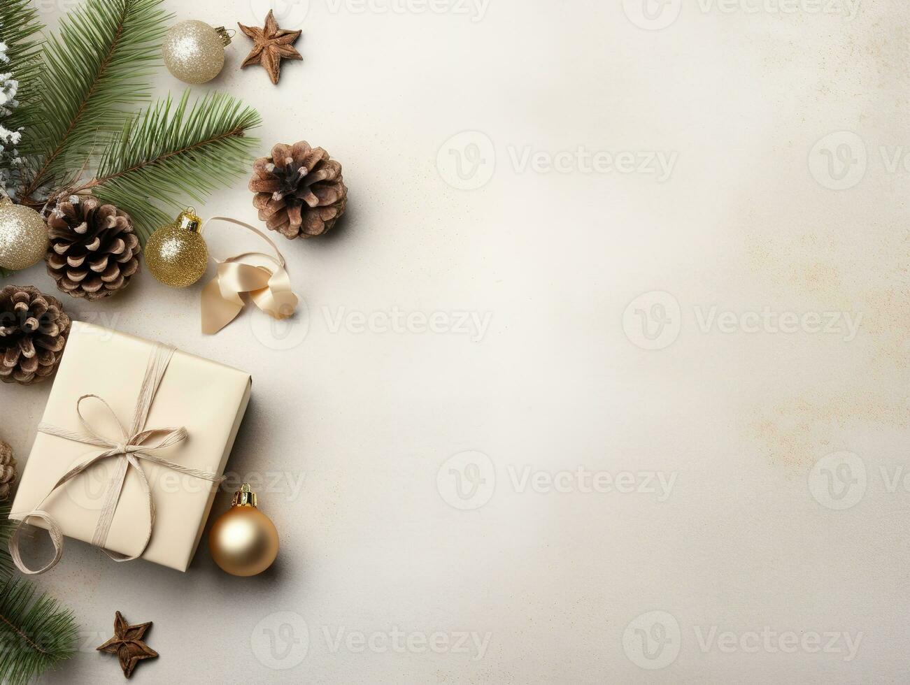 Christmas card mockup with gift box, fir branches, and cozy background. Minimalist style in white and beige. Generative AI photo