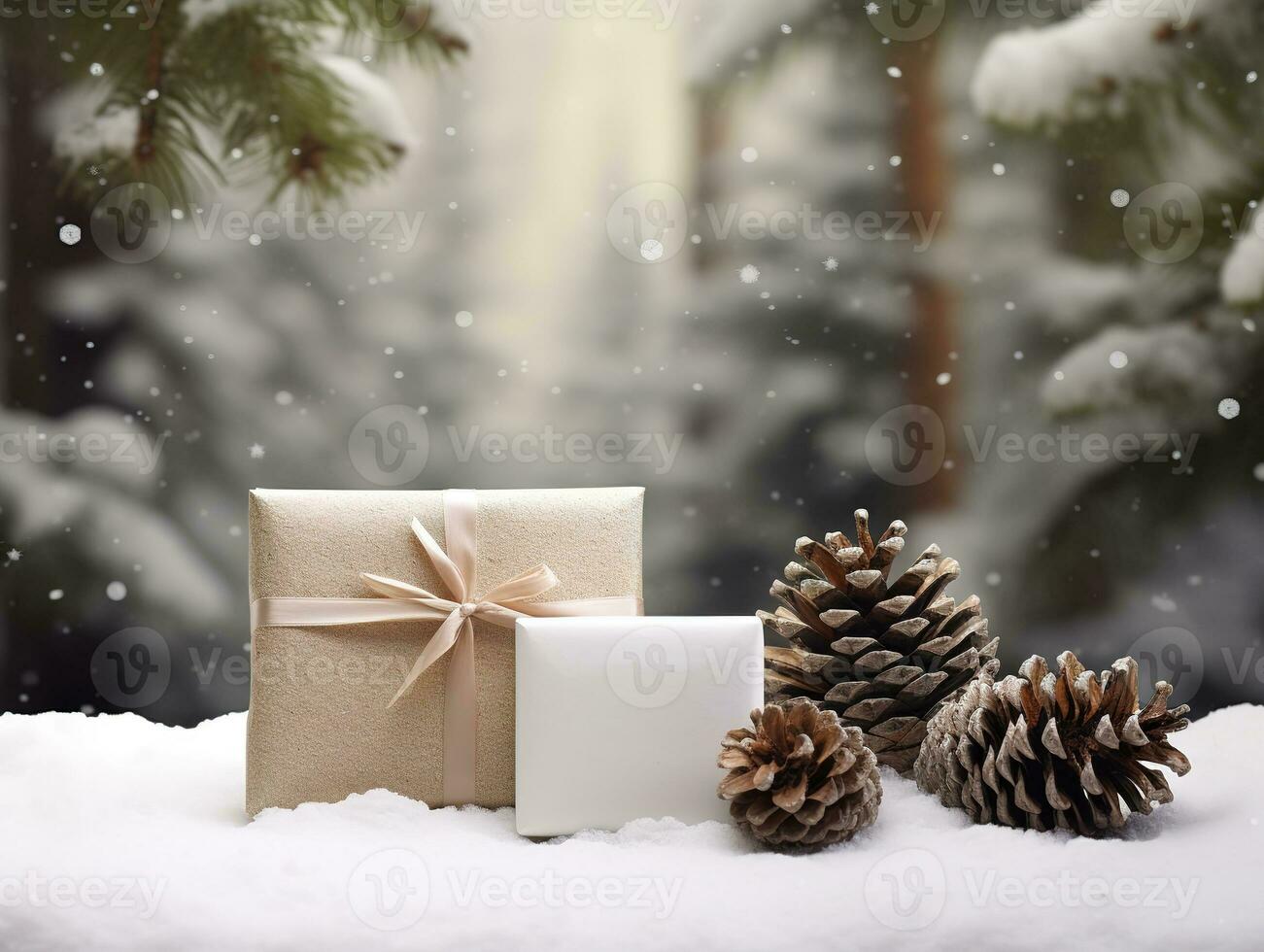 Christmas card mockup with gift box, fir branches, and cozy background. Minimalist style in white and beige. Generative AI photo