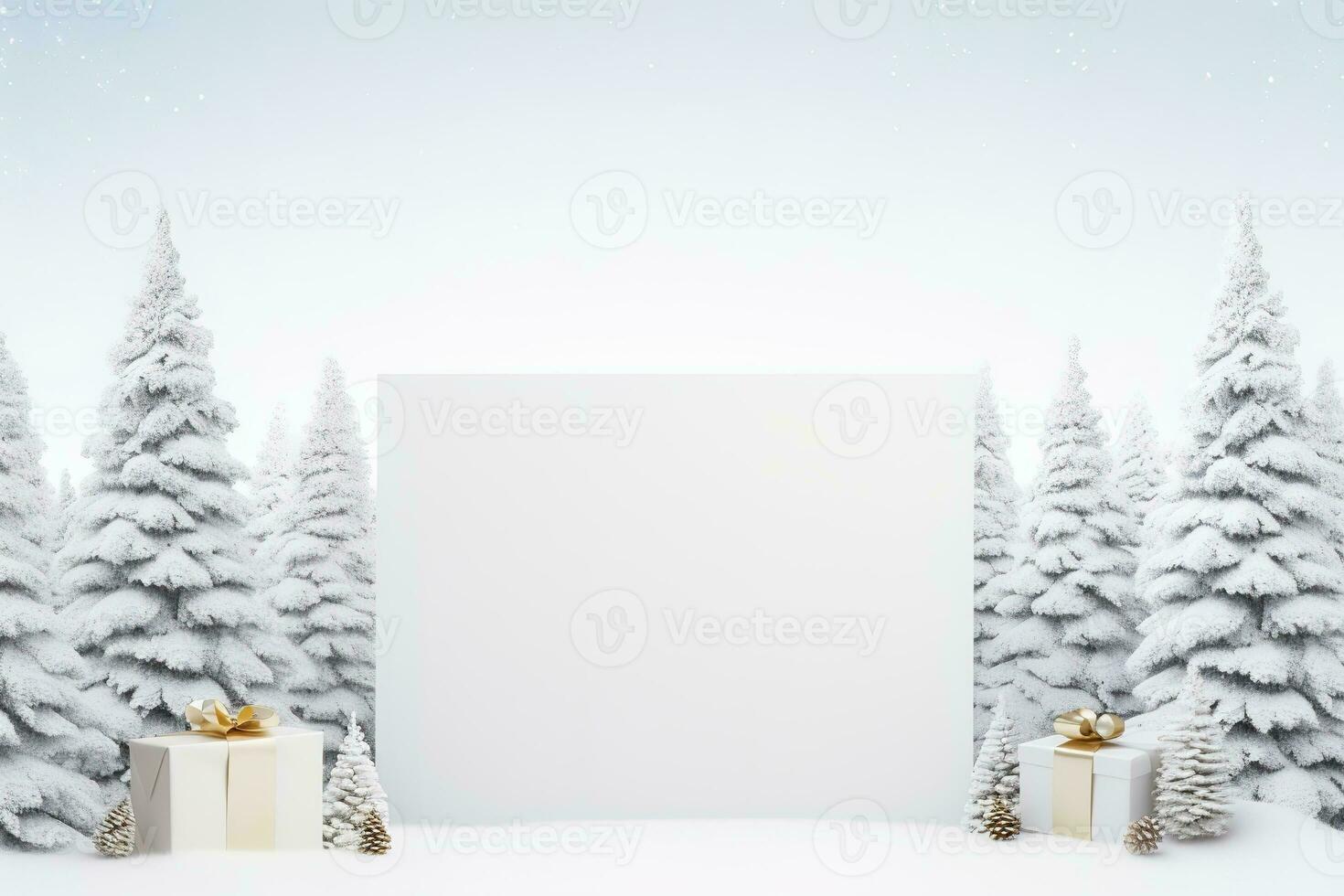 Christmas card mockup with gift box, fir branches, and cozy background. Minimalist style in white and beige. Generative AI photo