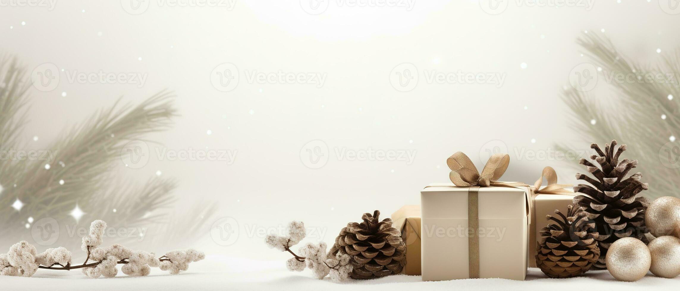 Christmas card mockup with gift box, fir branches, and cozy background. Minimalist style in white and beige. Generative AI photo