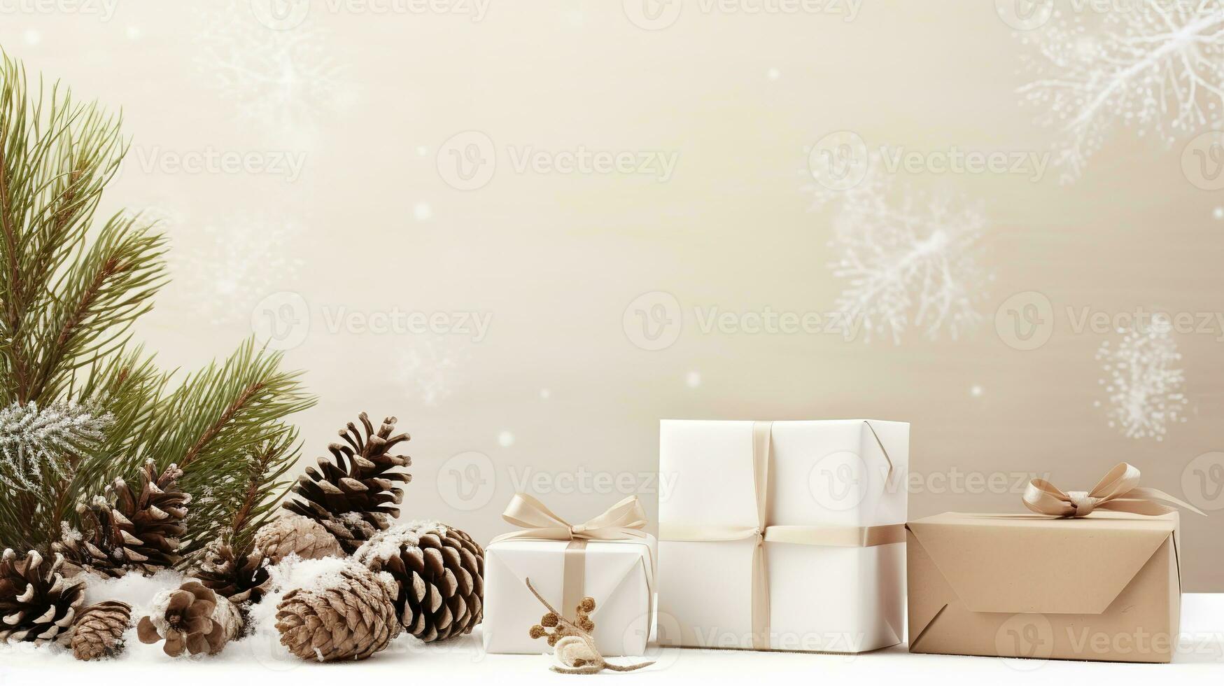 Christmas card mockup with gift box, fir branches, and cozy background. Minimalist style in white and beige. Generative AI photo