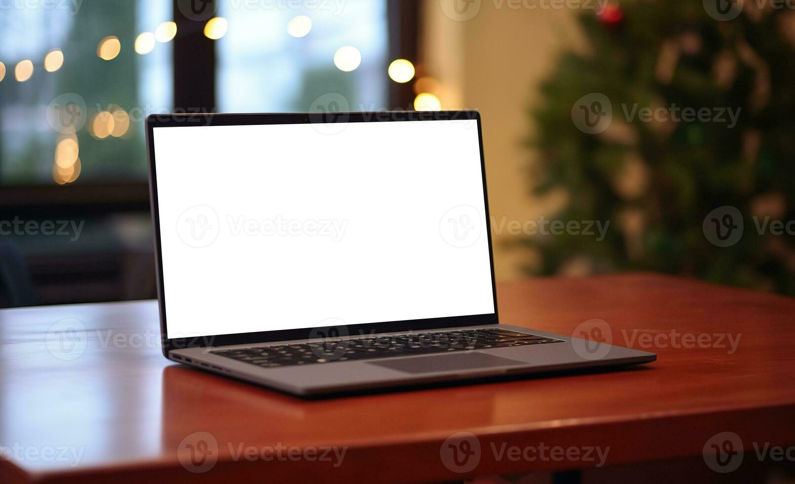 Laptop on desk with blank screen, Christmas tree and gifts in background, clipping path included. Festive home office. Generative AI photo