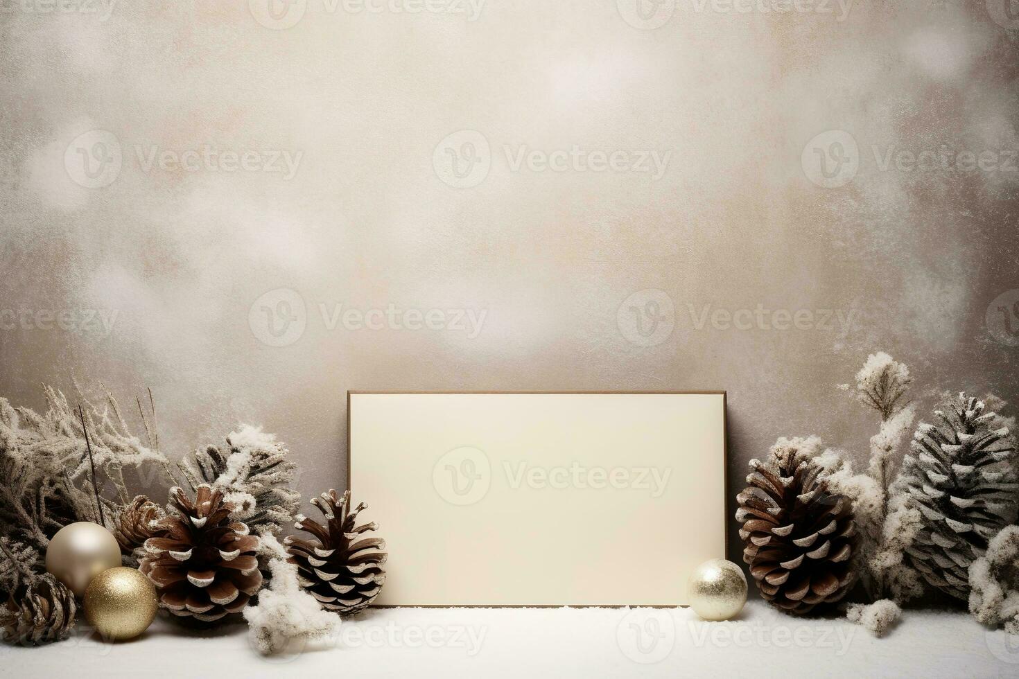 Christmas card mockup with gift box, fir branches, and cozy background. Minimalist style in white and beige. Generative AI photo