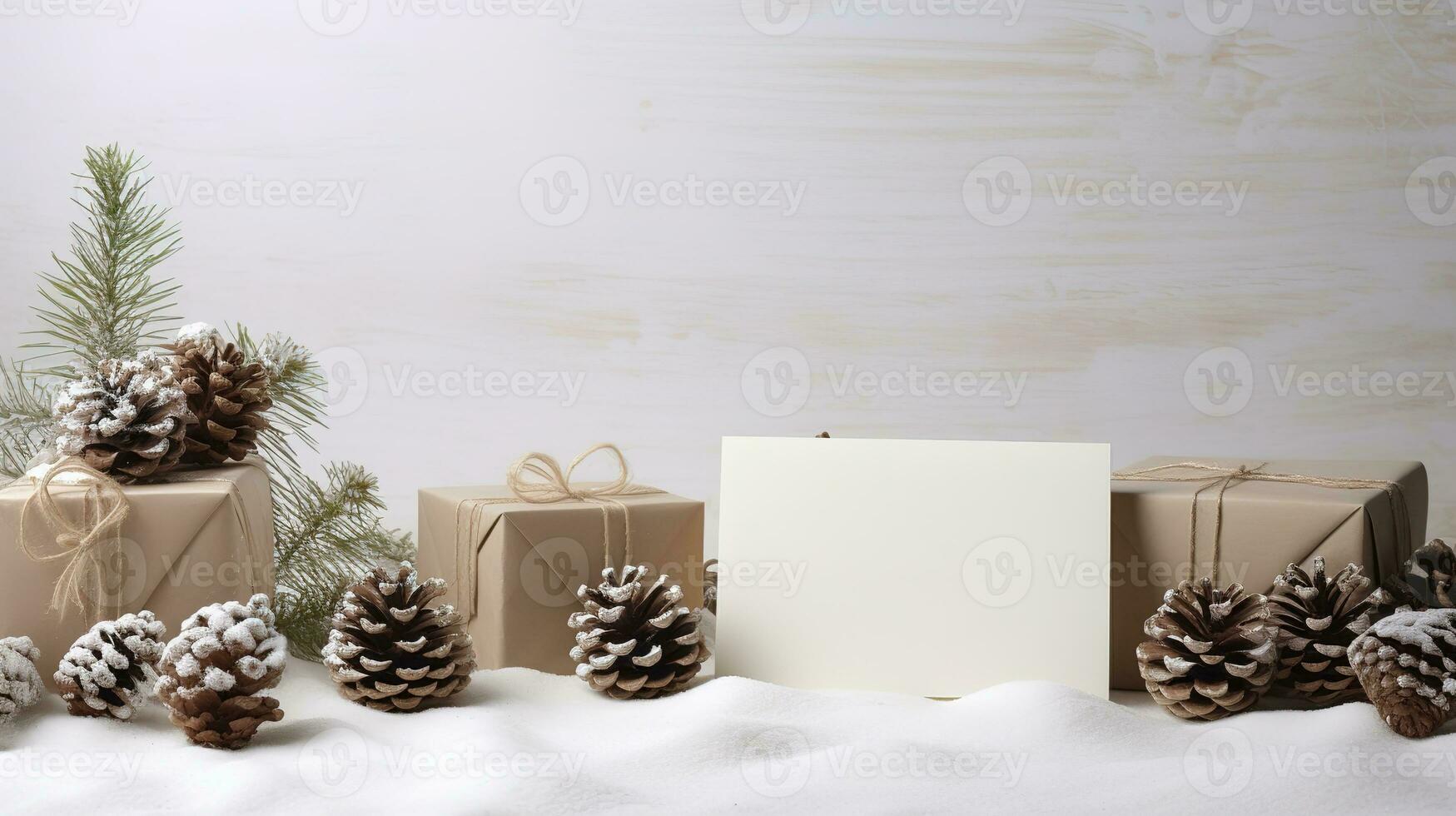 Christmas card mockup with gift box, fir branches, and cozy background. Minimalist style in white and beige. Generative AI photo