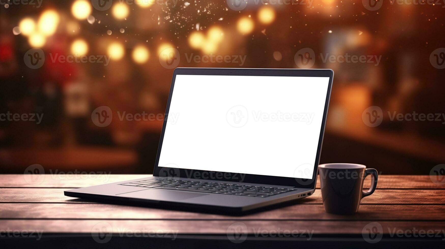 Laptop on desk with blank screen, Christmas tree and gifts in background, clipping path included. Festive home office. Generative AI photo