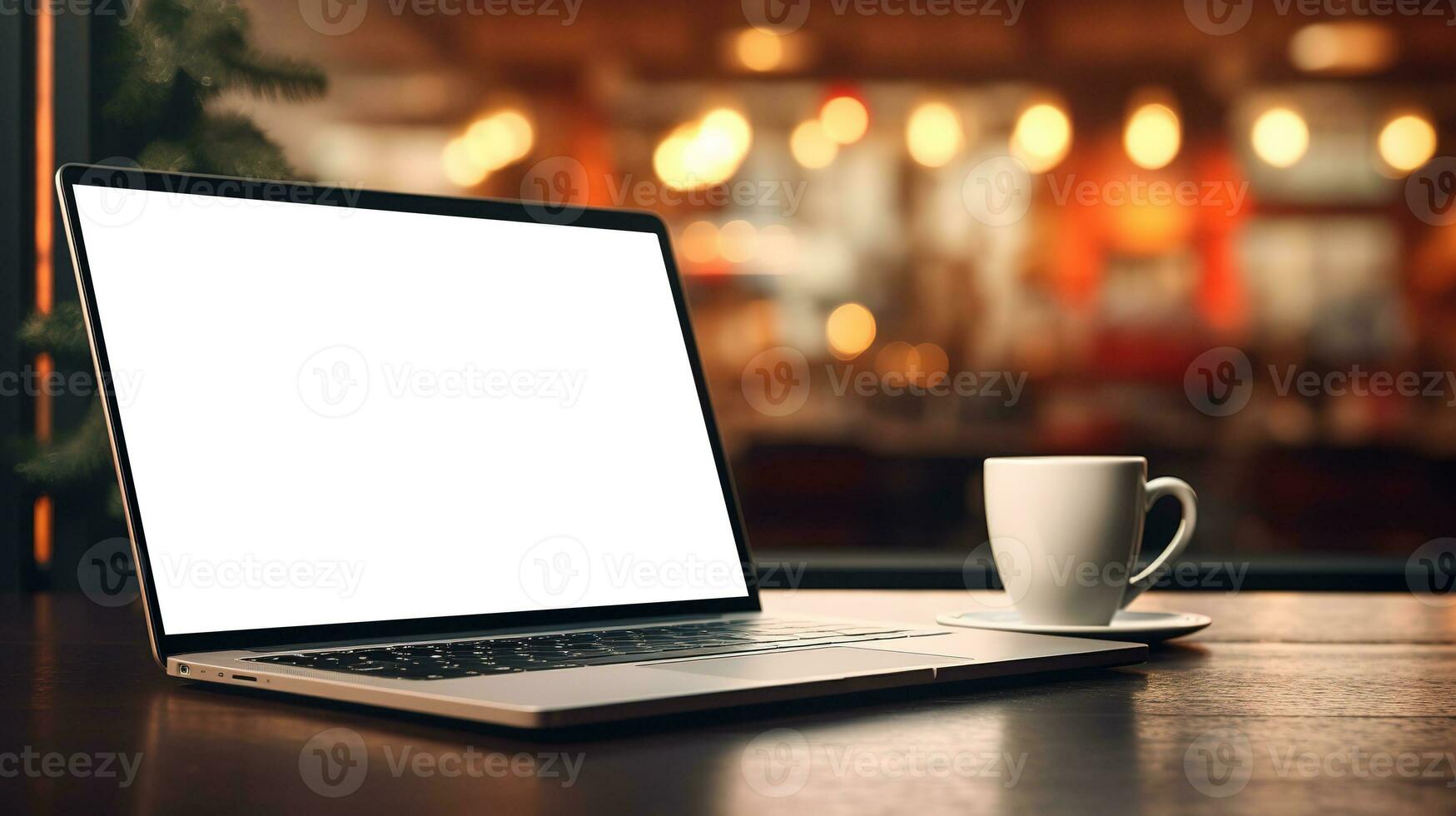 Laptop on desk with blank screen, Christmas tree and gifts in background, clipping path included. Festive home office. Generative AI photo