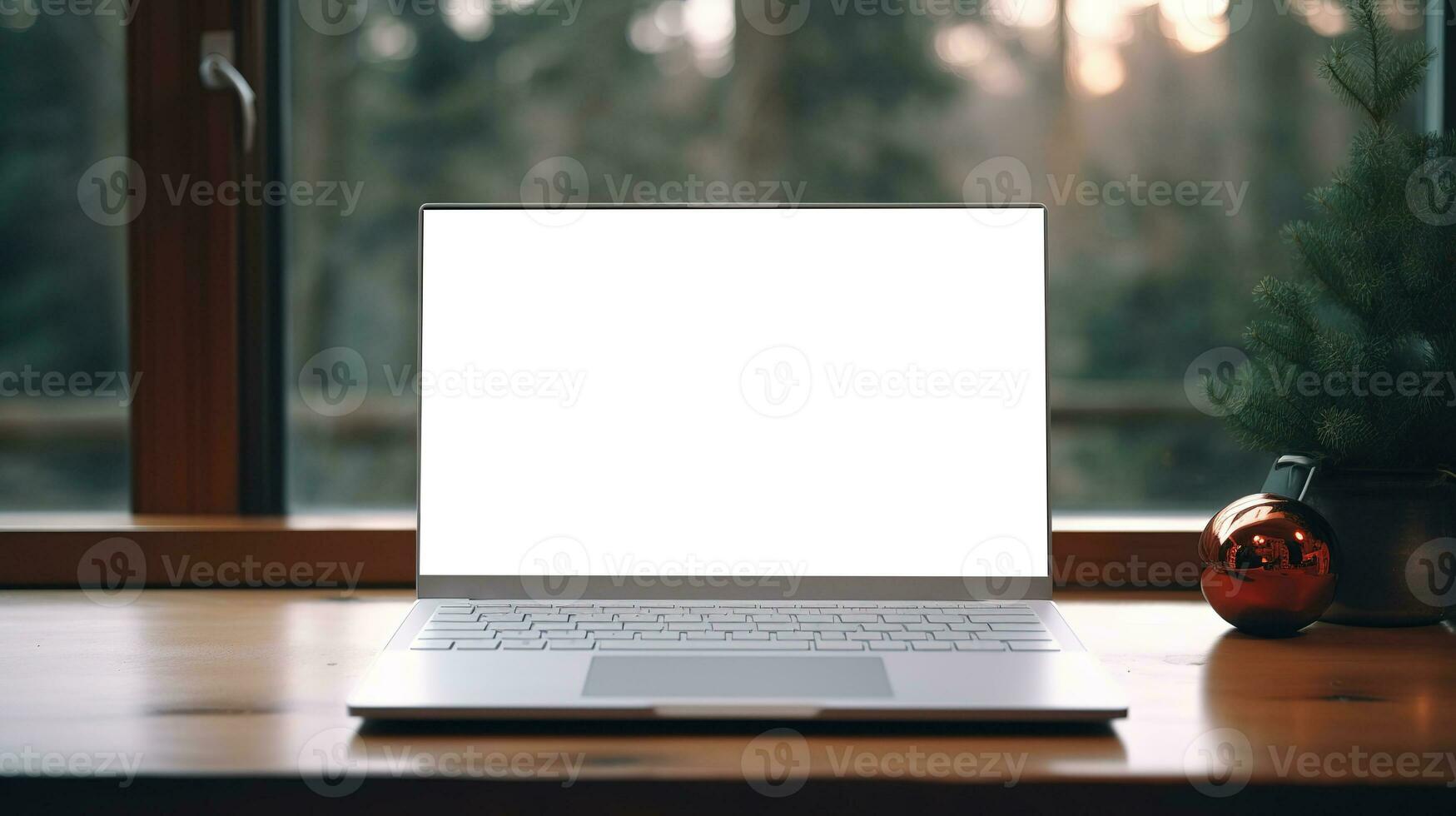 Laptop on desk with blank screen, Christmas tree and gifts in background, clipping path included. Festive home office. Generative AI photo