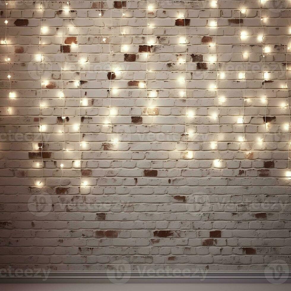 Minimalist white brick wall adorned with shimmering Christmas lights, perfect for background. Generative AI photo