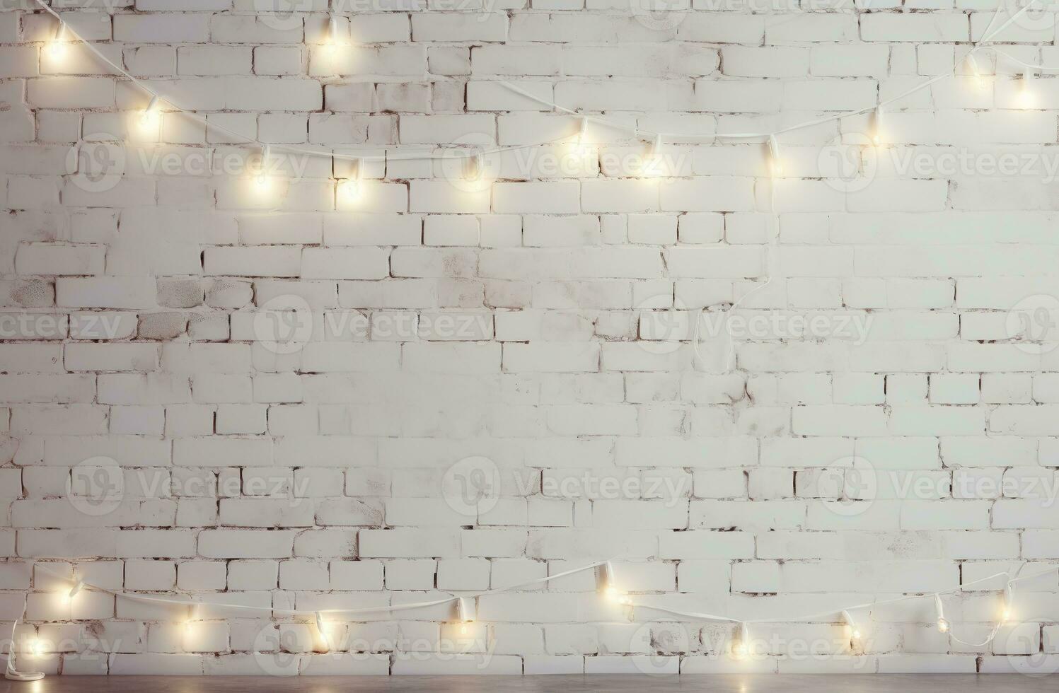 Minimalist white brick wall adorned with shimmering Christmas lights, perfect for background. Generative AI photo