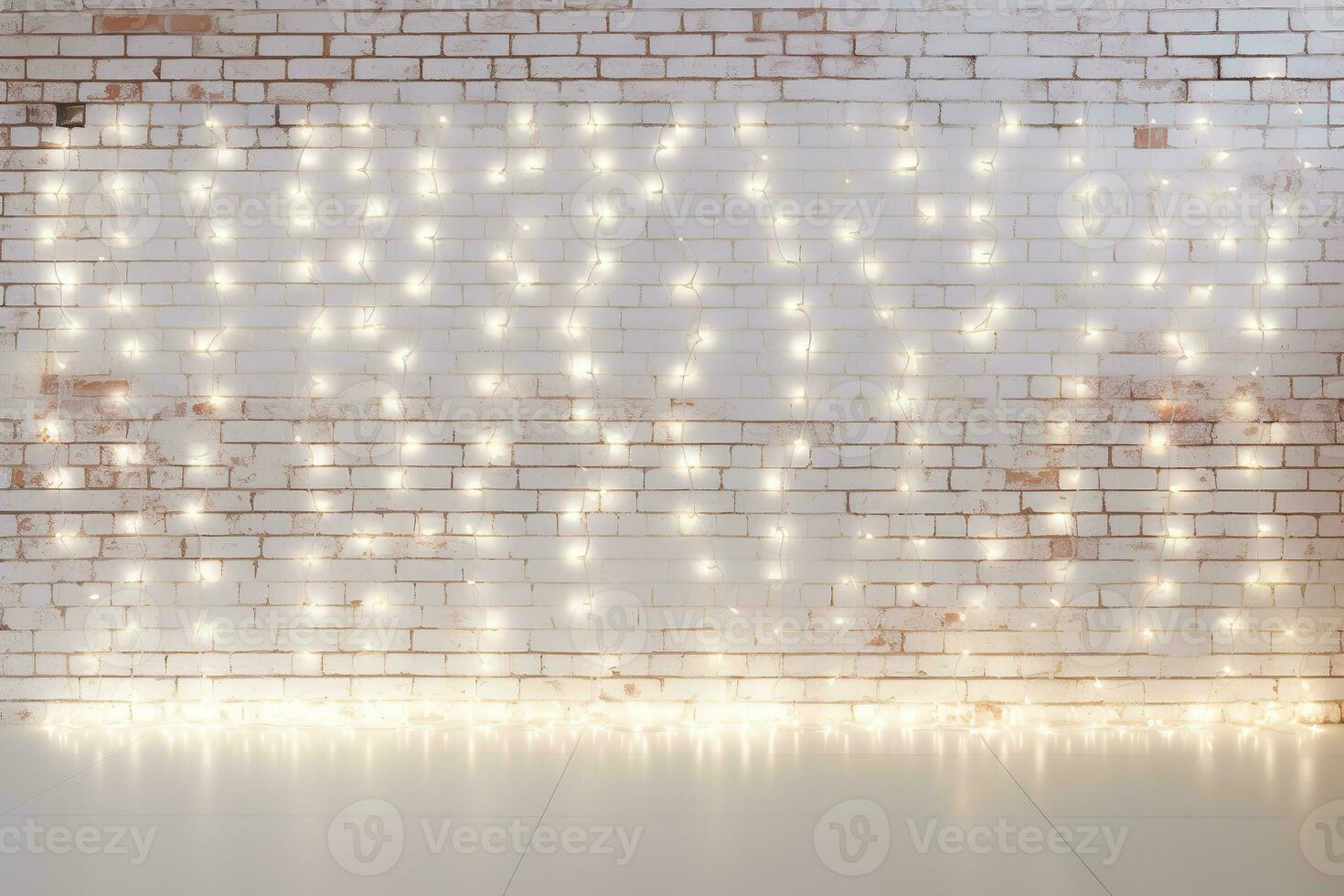 Minimalist white brick wall adorned with shimmering Christmas lights, perfect for background. Generative AI photo