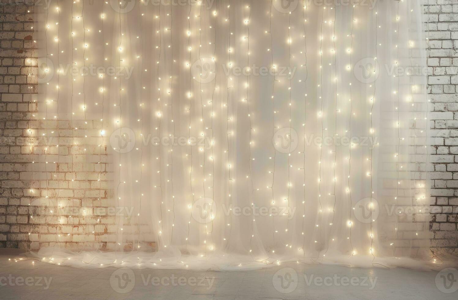 Minimalist white brick wall adorned with shimmering Christmas lights, perfect for background. Generative AI photo