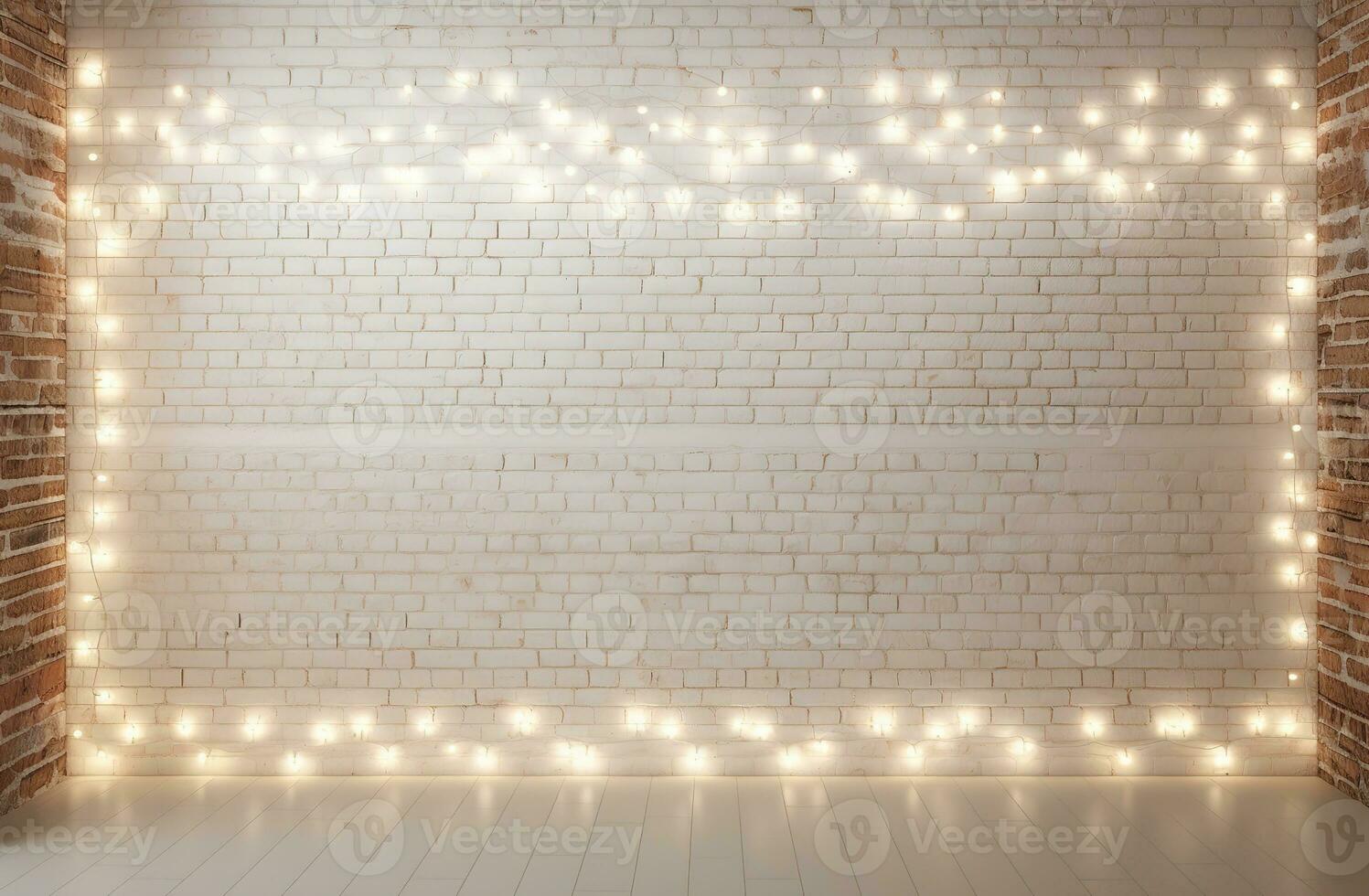 Minimalist white brick wall adorned with shimmering Christmas lights, perfect for background. Generative AI photo