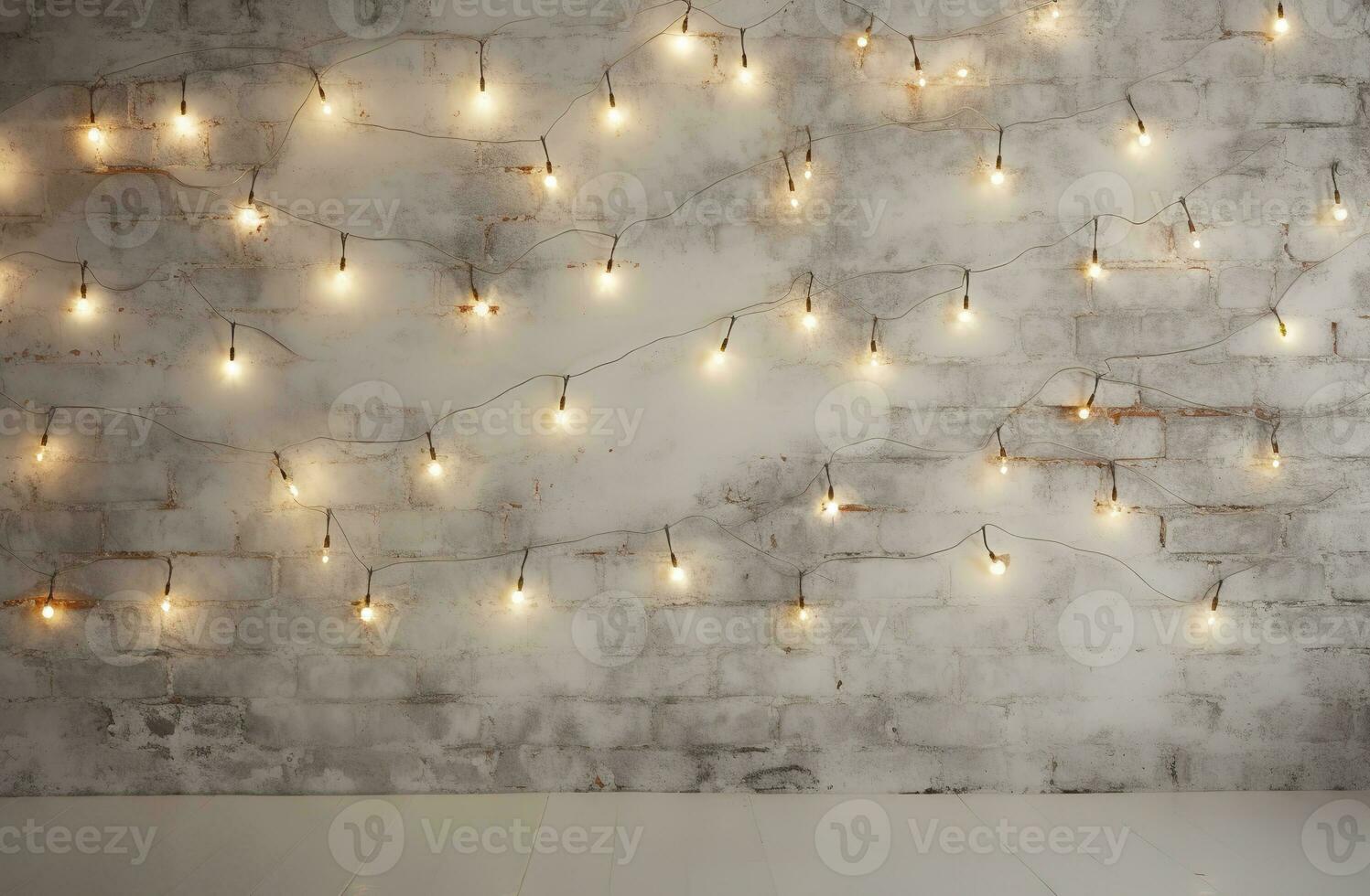 Minimalist white brick wall adorned with shimmering Christmas lights, perfect for background. Generative AI photo