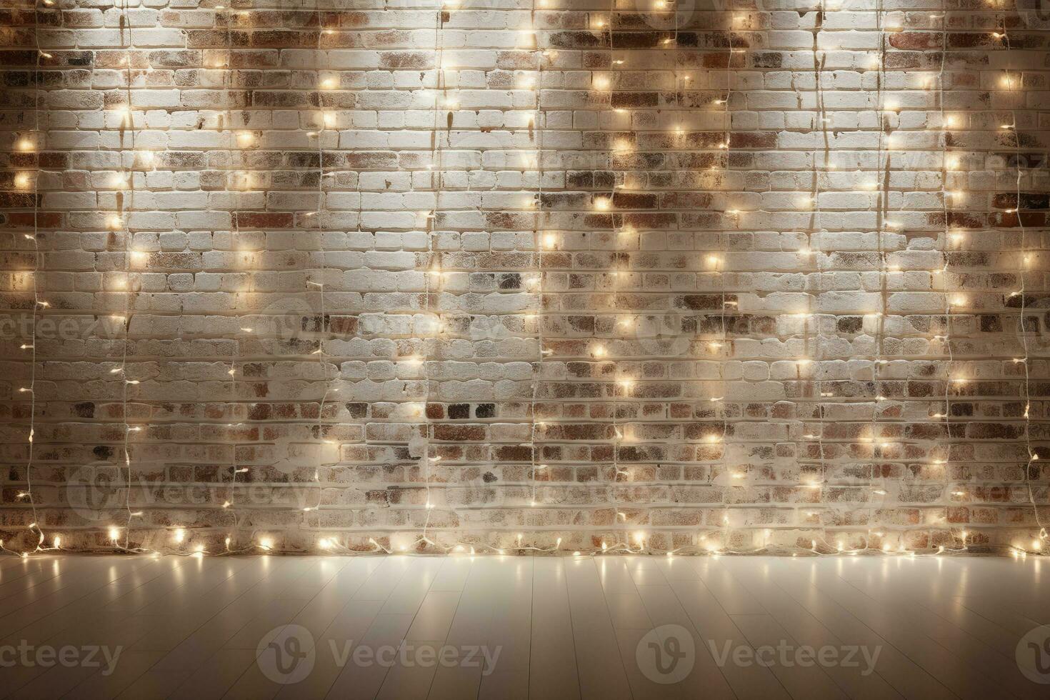 Minimalist white brick wall adorned with shimmering Christmas lights, perfect for background. Generative AI photo