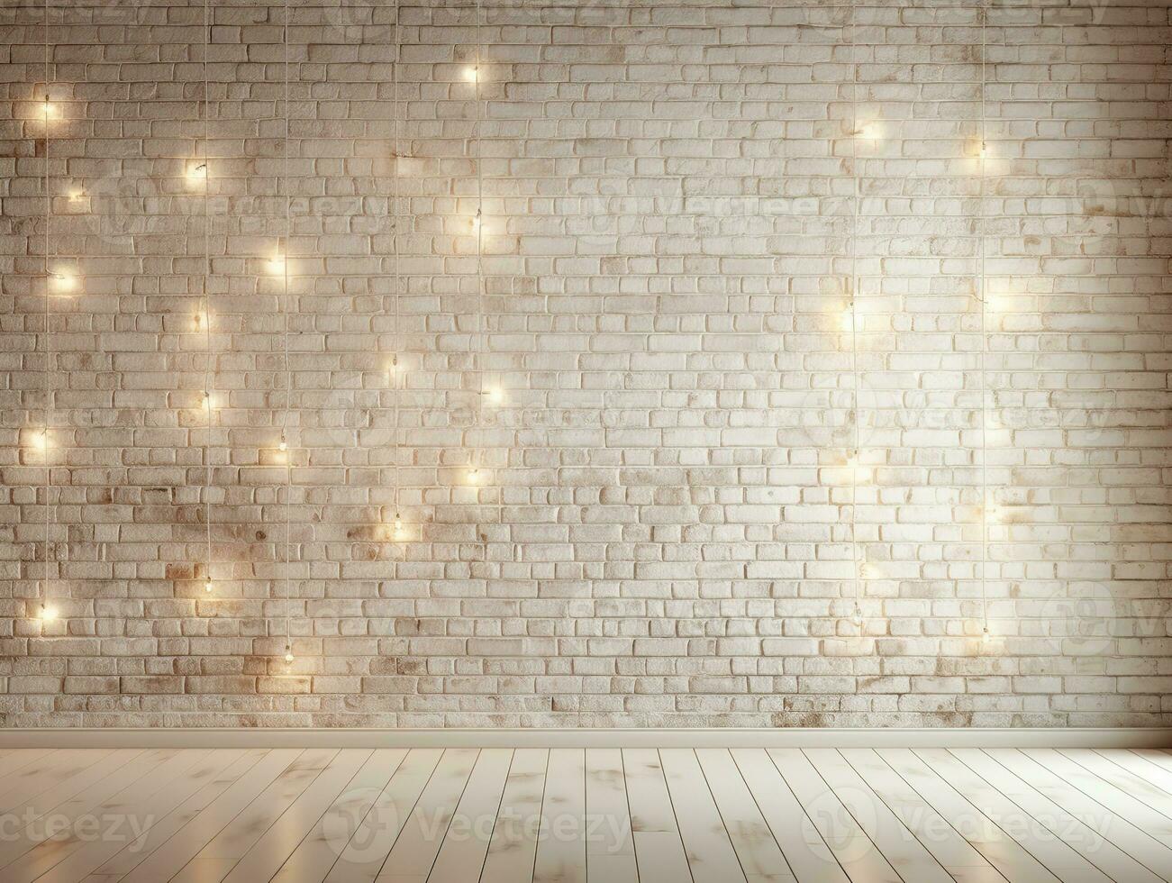 Minimalist white brick wall adorned with shimmering Christmas lights, perfect for background. Generative AI photo