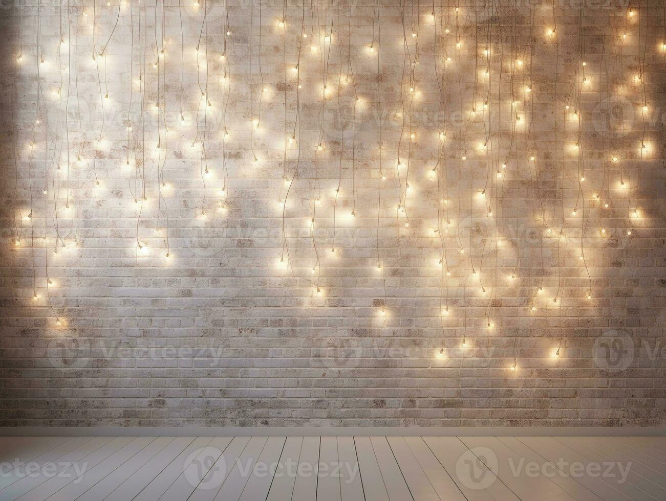 Minimalist white brick wall adorned with shimmering Christmas lights, perfect for background. Generative AI photo