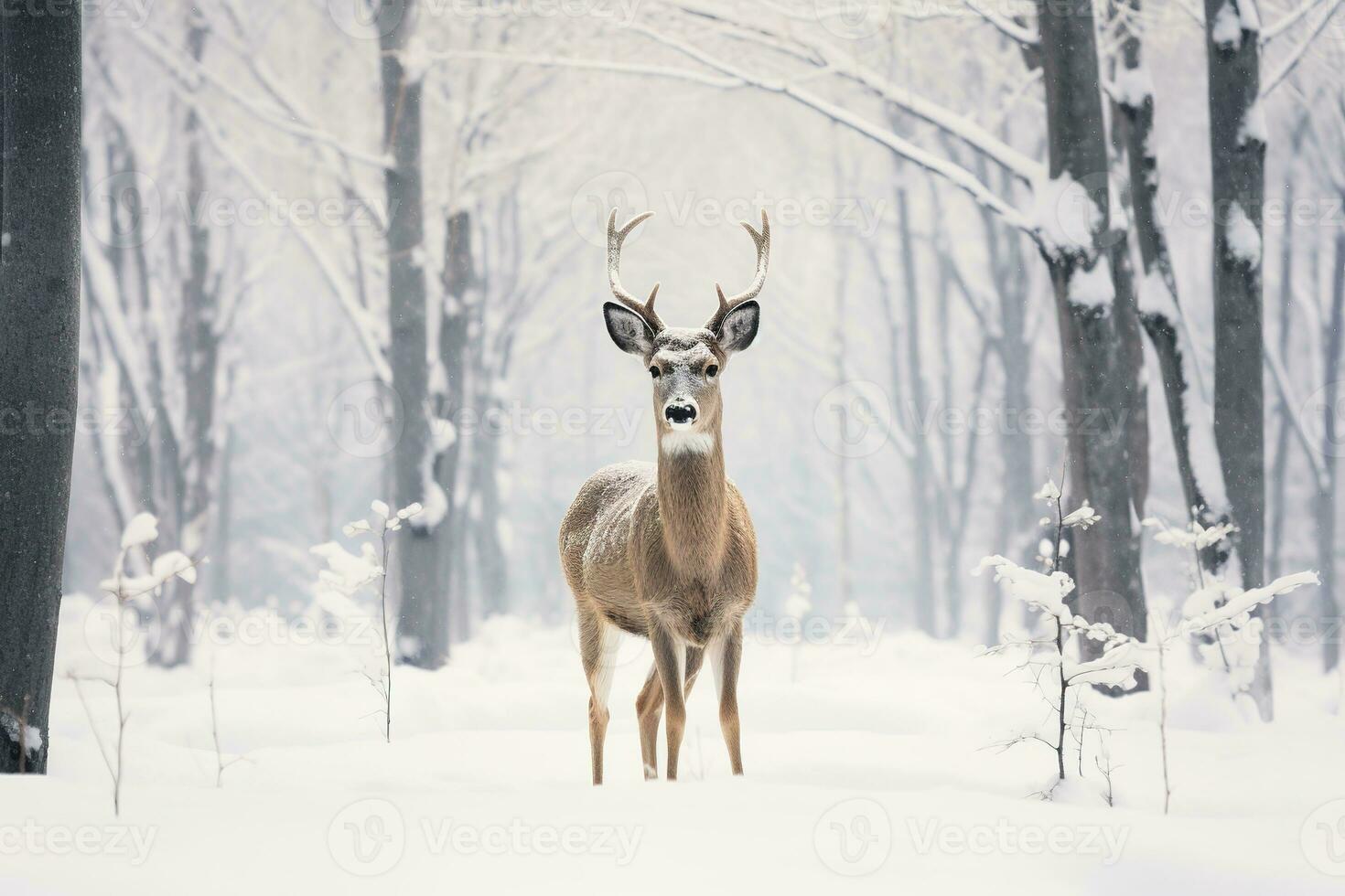 A deer stands in front of a snow covered field in a winter forest. Generative AI photo