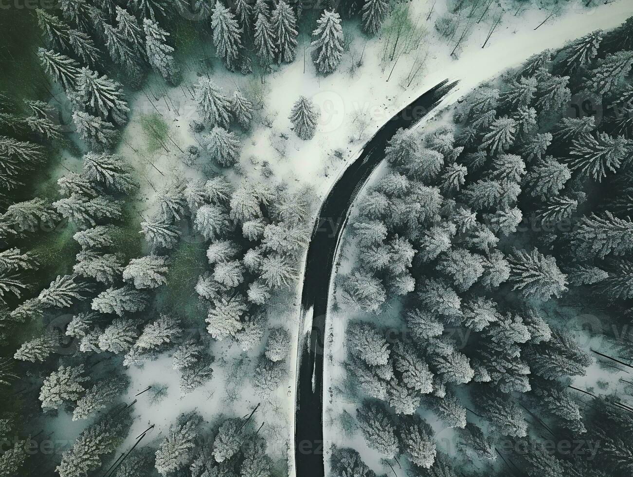 Aerial view of a highway winding through a forest in both summer and winter seasons. Generative AI photo