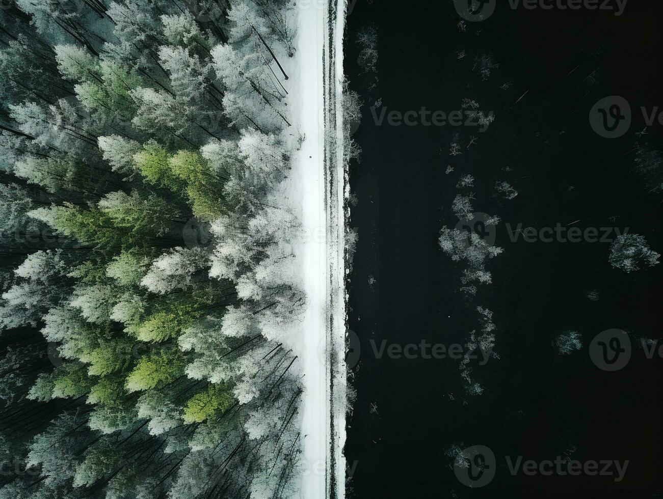 Aerial view of a highway winding through a forest in both summer and winter seasons. Generative AI photo