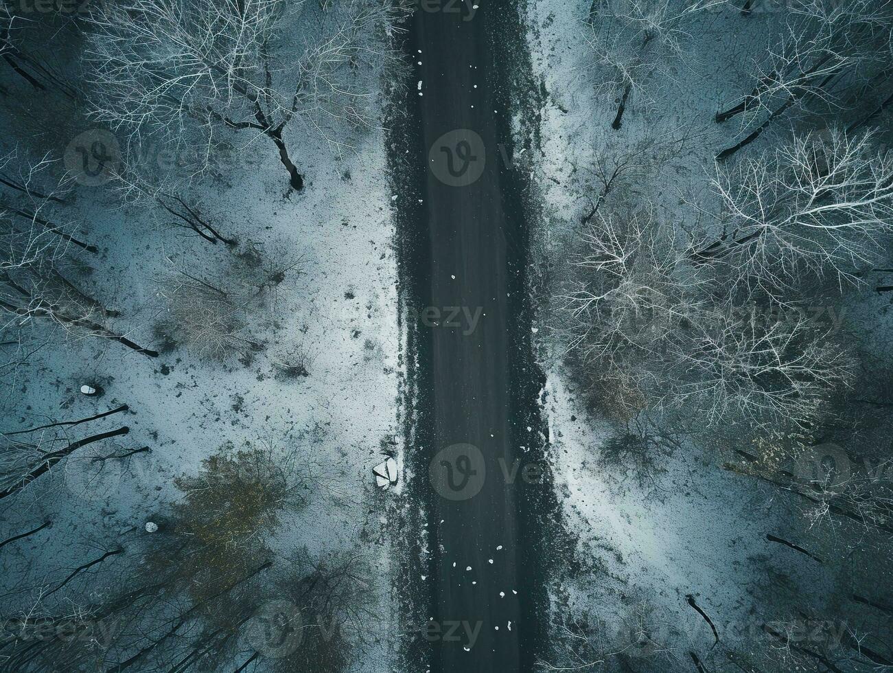 Aerial view of a highway winding through a forest in both summer and winter seasons. Generative AI photo