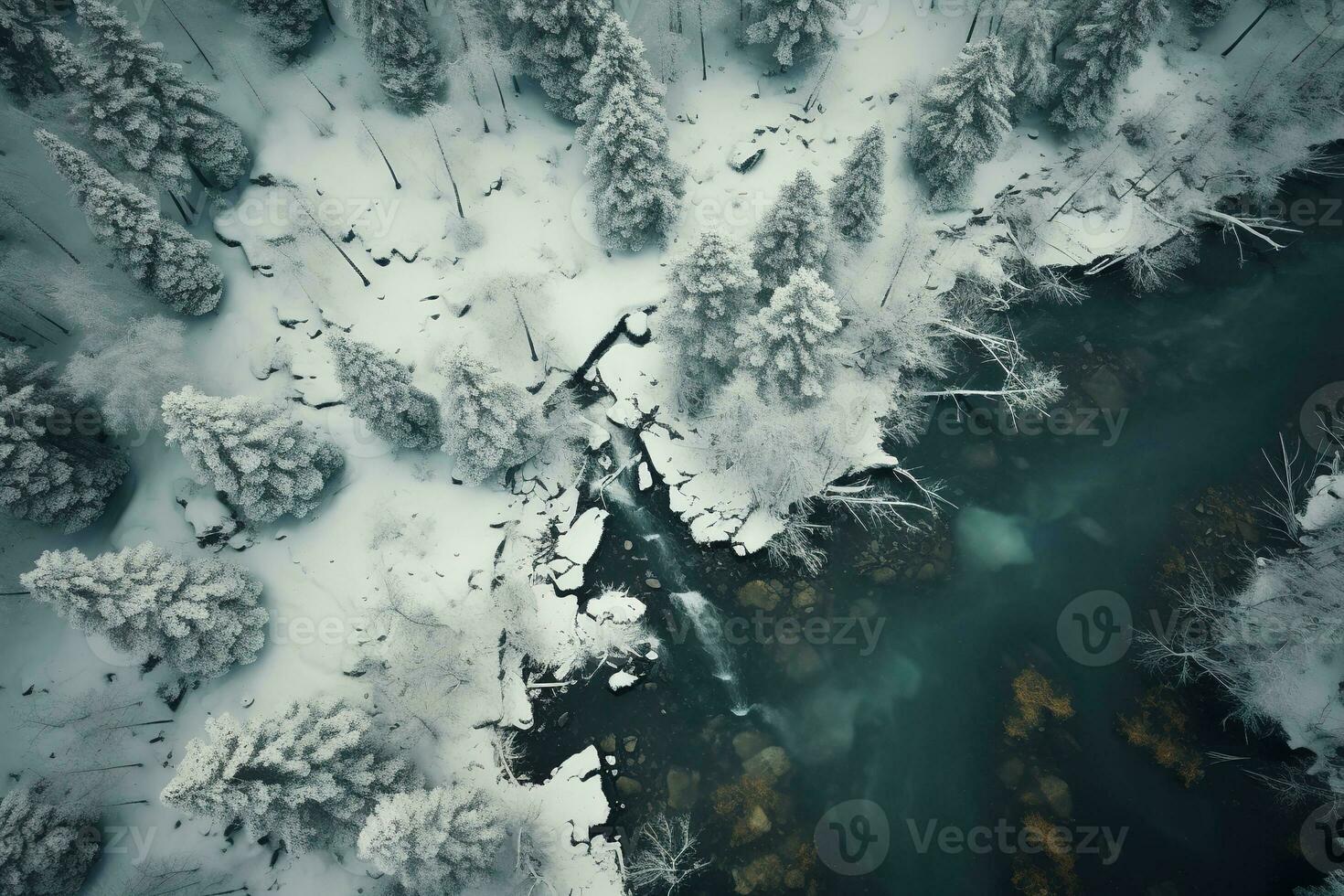 Aerial view of a highway winding through a forest in both summer and winter seasons. Generative AI photo