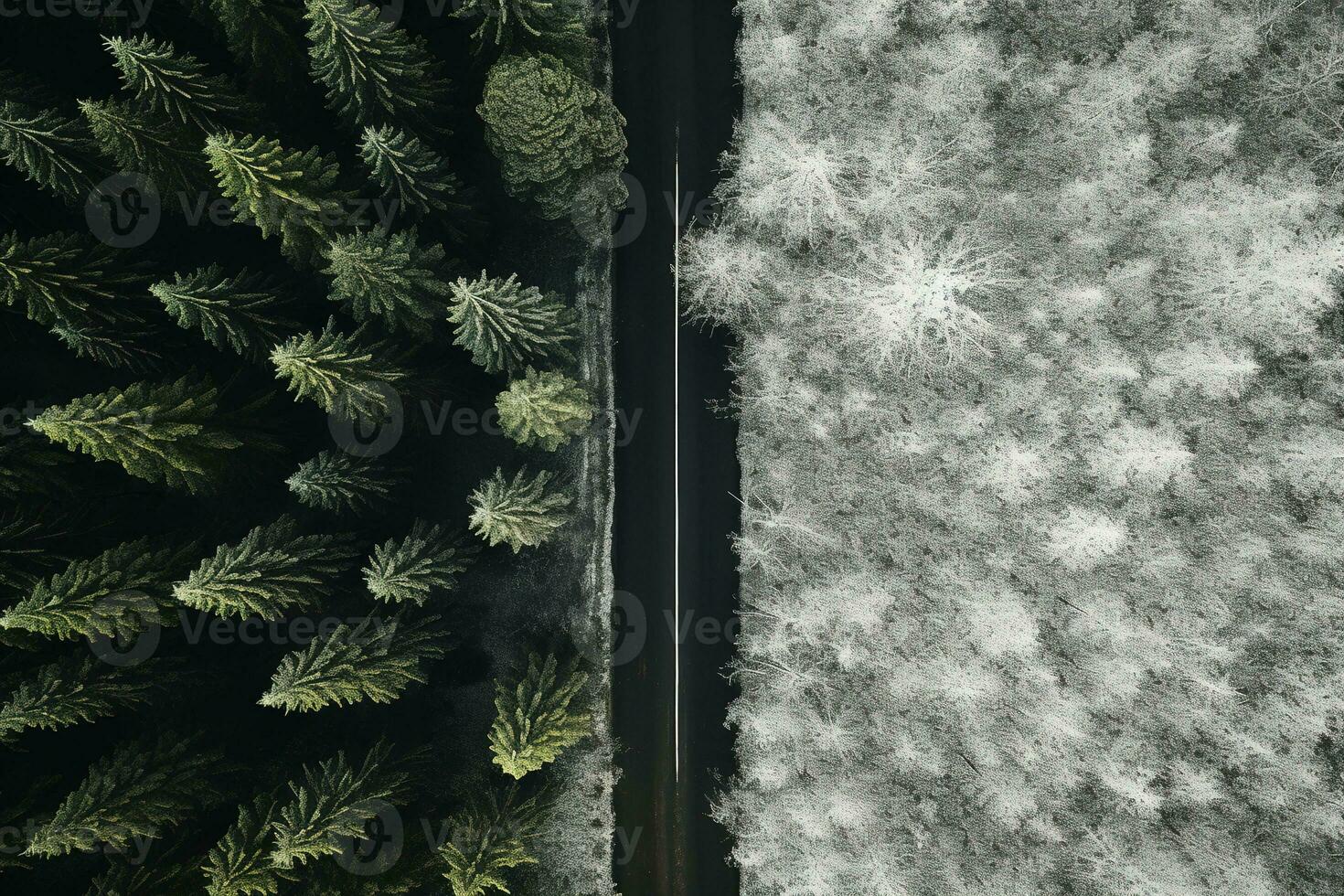 Aerial view of a highway winding through a forest in both summer and winter seasons. Generative AI photo