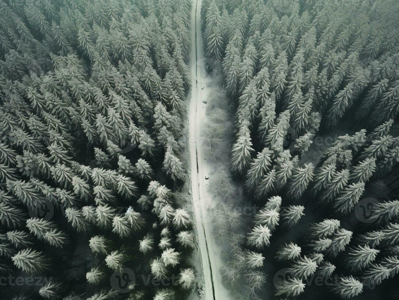 Aerial view of a highway winding through a forest in both summer and winter seasons. Generative AI photo