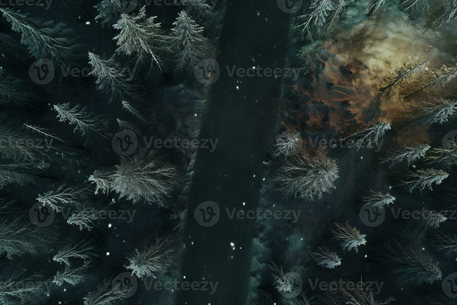 Aerial view of a highway winding through a forest in both summer and winter seasons. Generative AI photo
