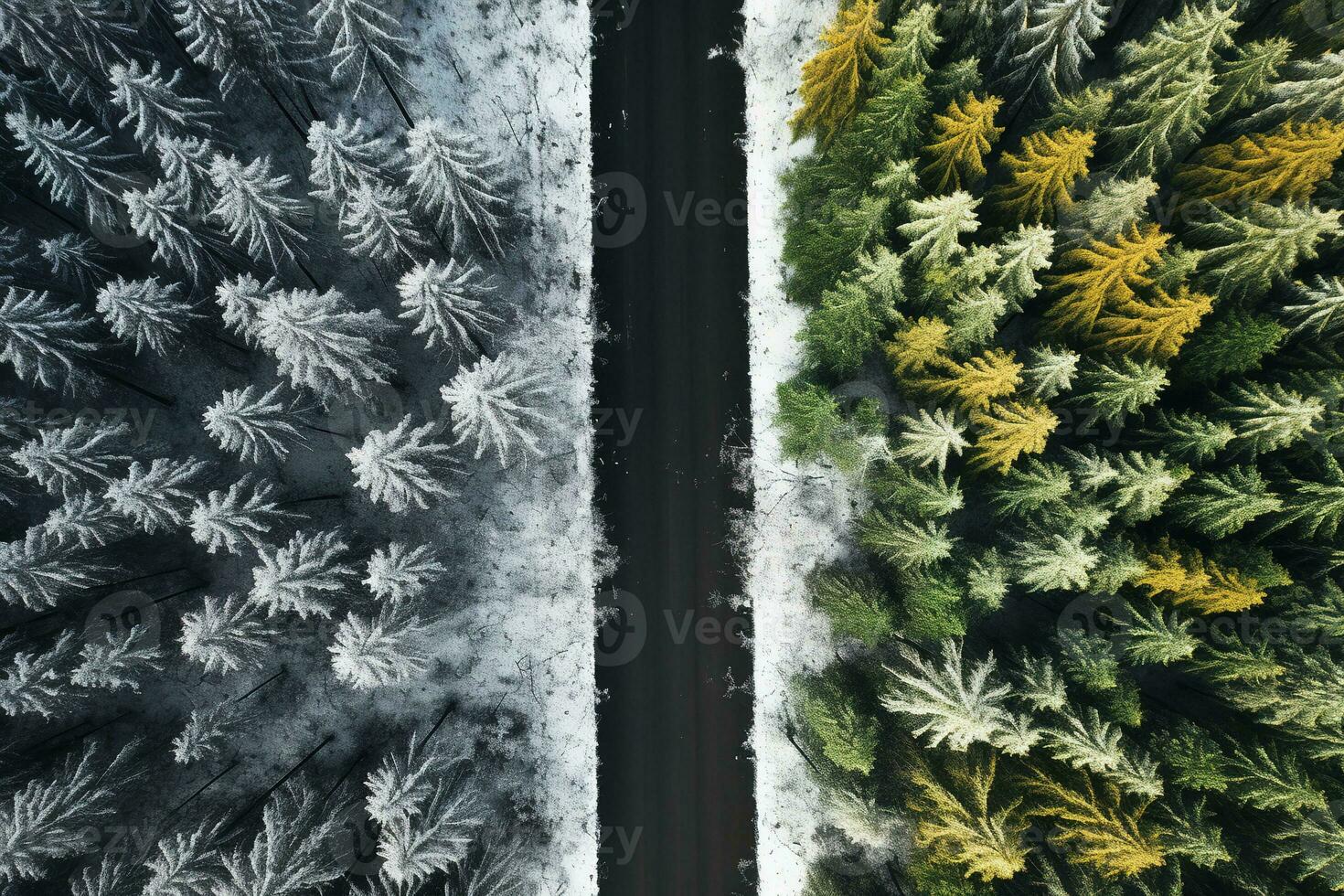 Aerial view of a highway winding through a forest in both summer and winter seasons. Generative AI photo
