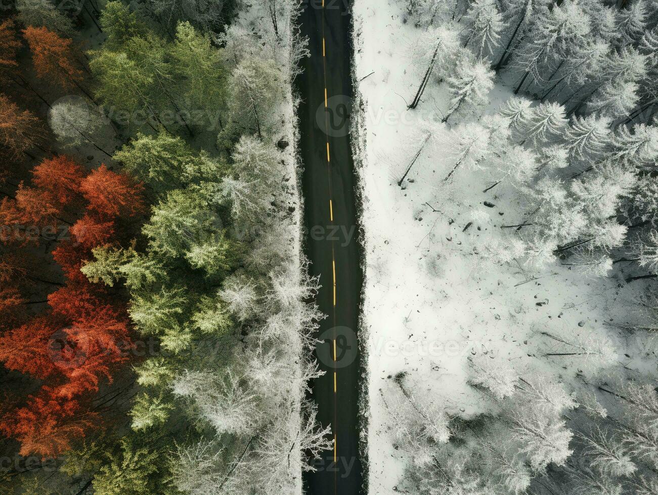 Aerial view of a highway winding through a forest in both summer and winter seasons. Generative AI photo