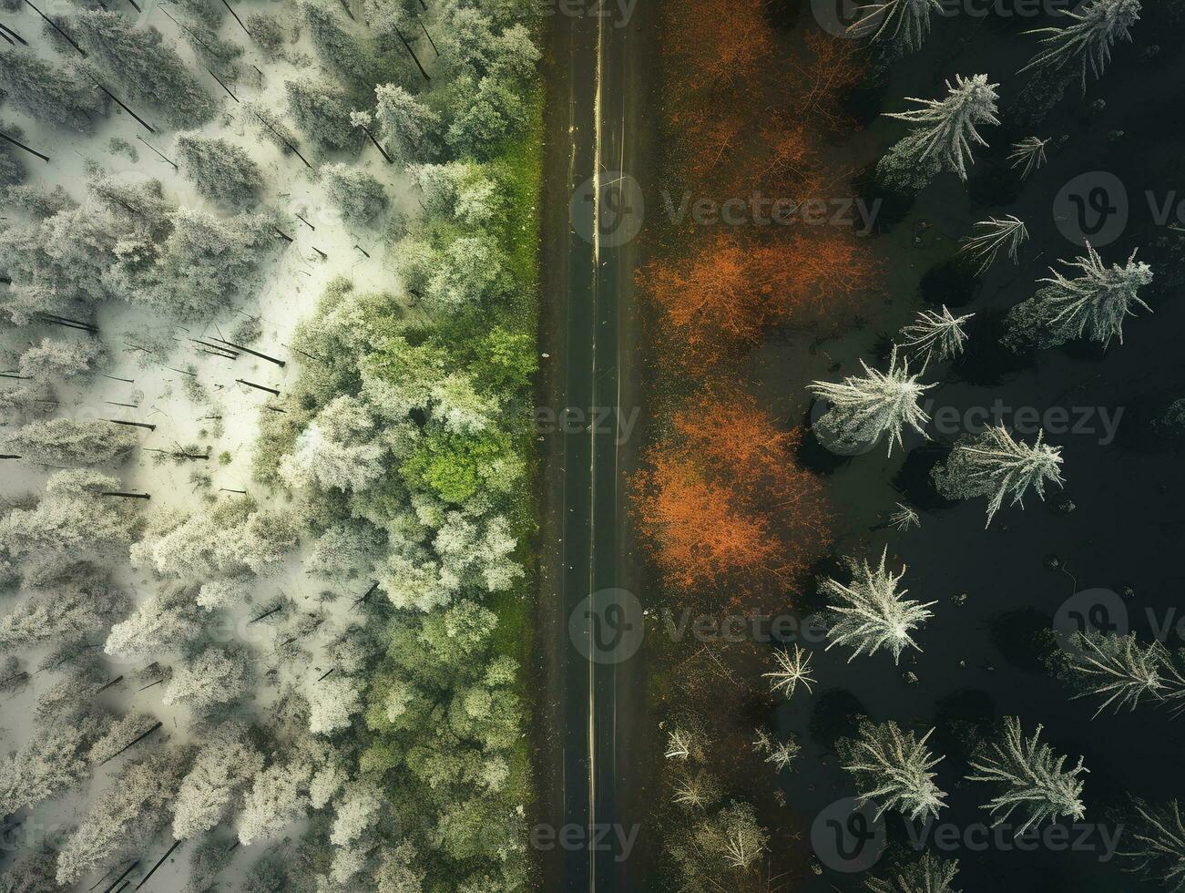 Aerial view of a highway winding through a forest in both summer and winter seasons. Generative AI photo