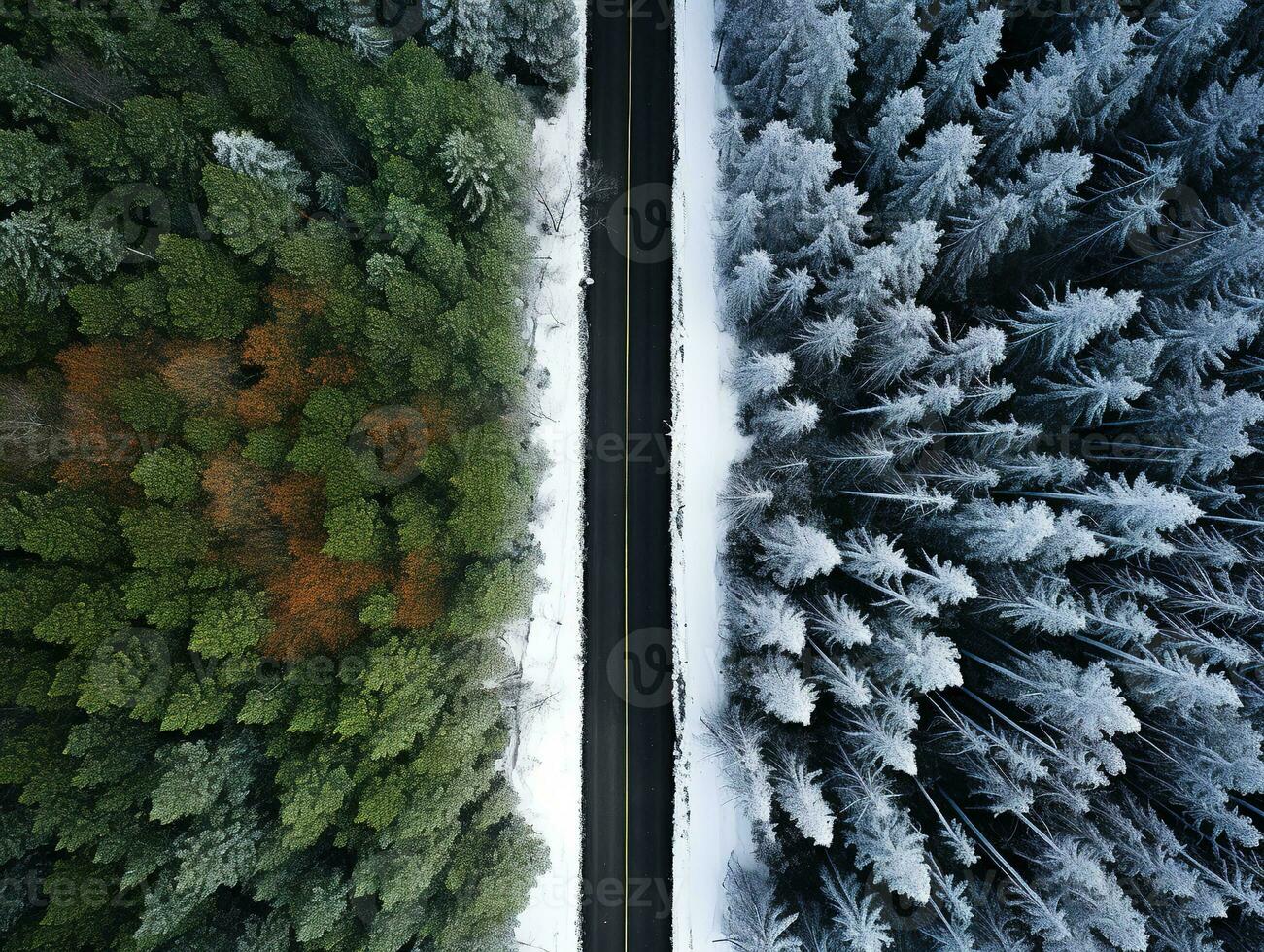 Aerial view of a highway winding through a forest in both summer and winter seasons. Generative AI photo