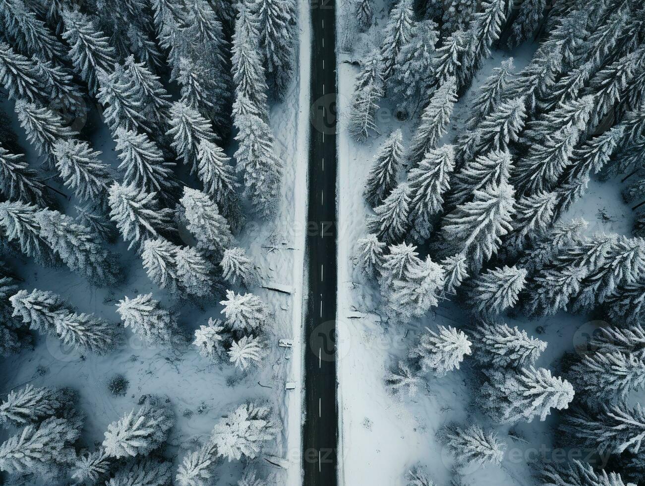 Aerial view of a highway winding through a forest in both summer and winter seasons. Generative AI photo