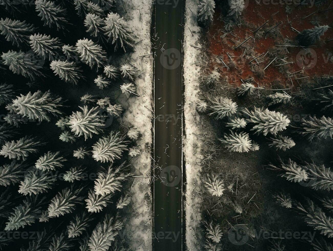 Aerial view of a highway winding through a forest in both summer and winter seasons. Generative AI photo