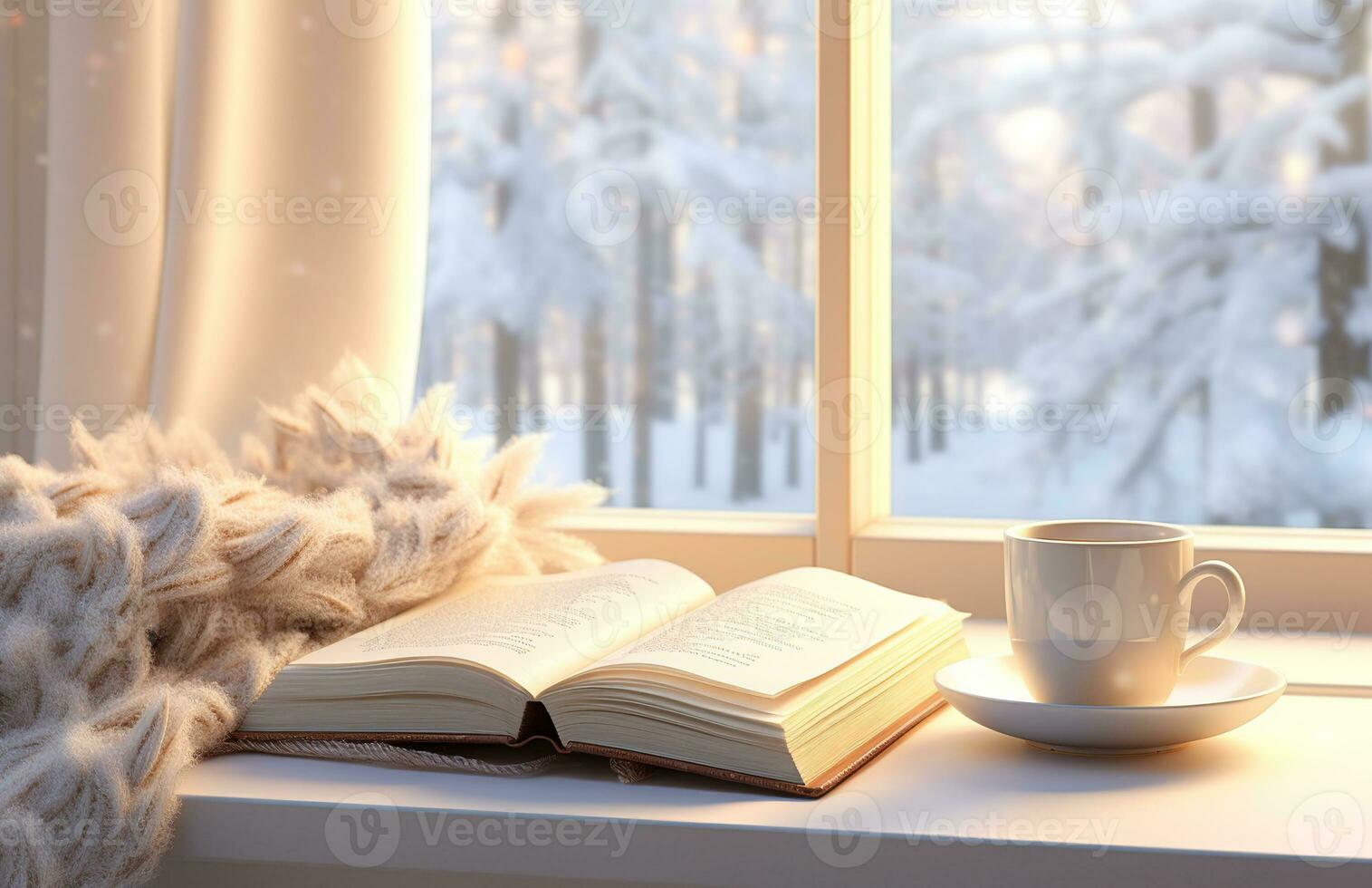 Cozy winter scene. Coffee, open book, and plaid on vintage windowsill in cottage, snowy landscape with snowdrift outside. Generative AI photo