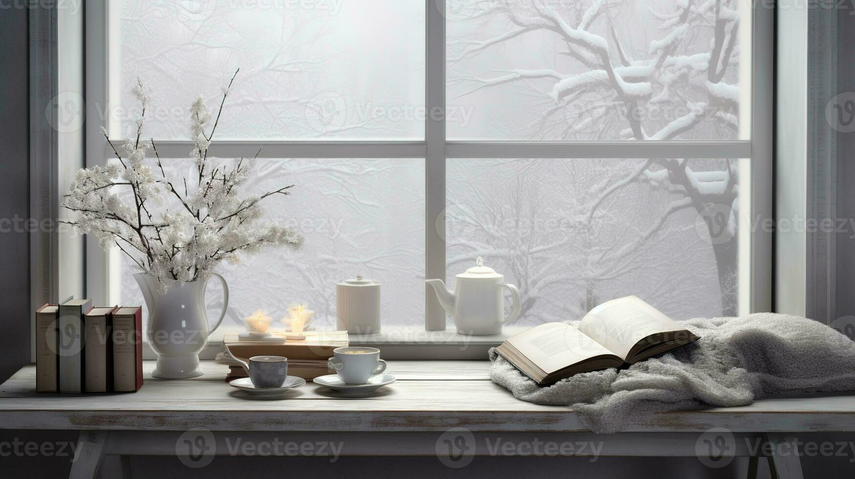 Cozy winter scene. Coffee, open book, and plaid on vintage windowsill in cottage, snowy landscape with snowdrift outside. Generative AI photo